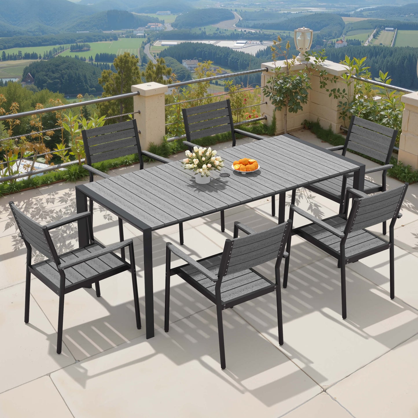 Aluminum Outdoor Dining Set with Umbrella Hole & Stackable Chairs
