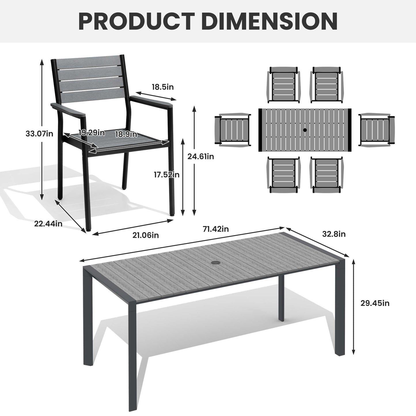 Aluminum Outdoor Dining Set with Umbrella Hole & Stackable Chairs