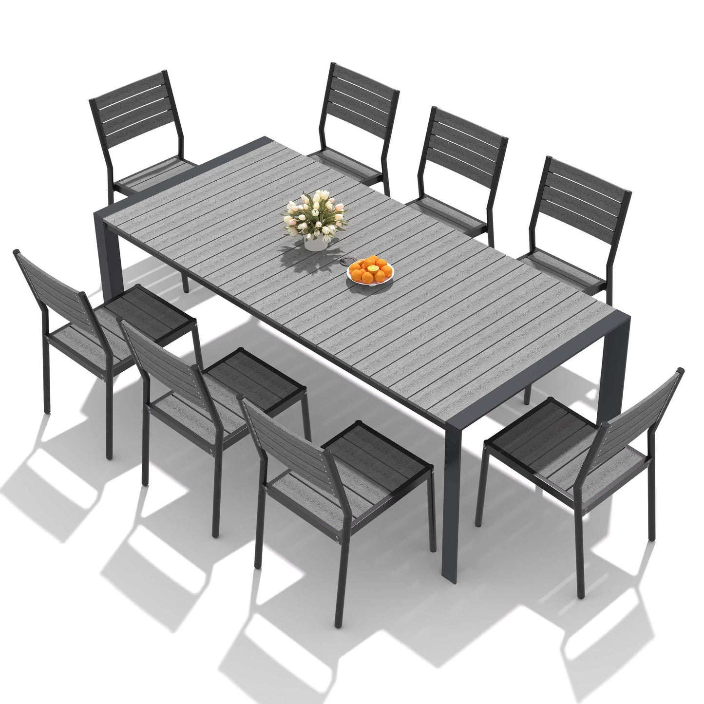 Aluminum Outdoor Dining Set with Umbrella Hole & Stackable Chairs