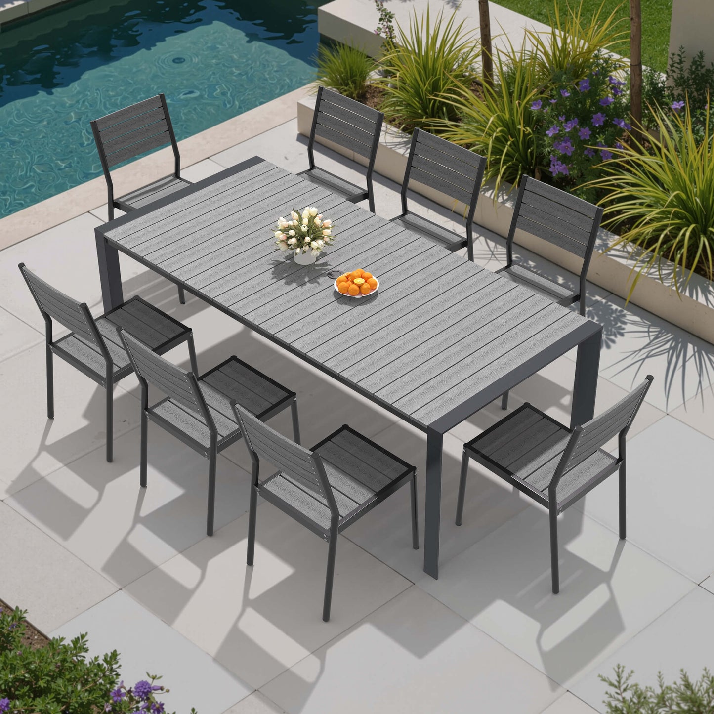 Aluminum Outdoor Dining Set with Umbrella Hole & Stackable Chairs