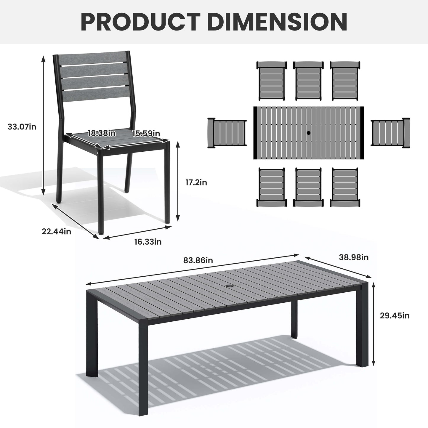 Aluminum Outdoor Dining Set with Umbrella Hole & Stackable Chairs
