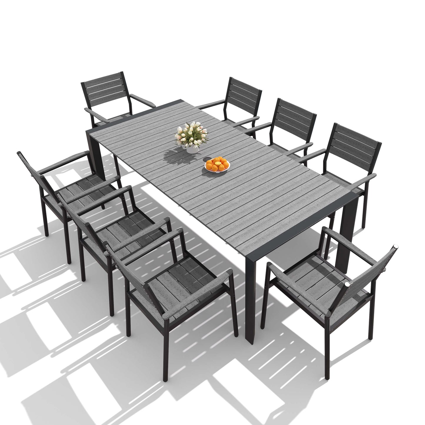 Aluminum Outdoor Dining Set with Umbrella Hole & Stackable Chairs