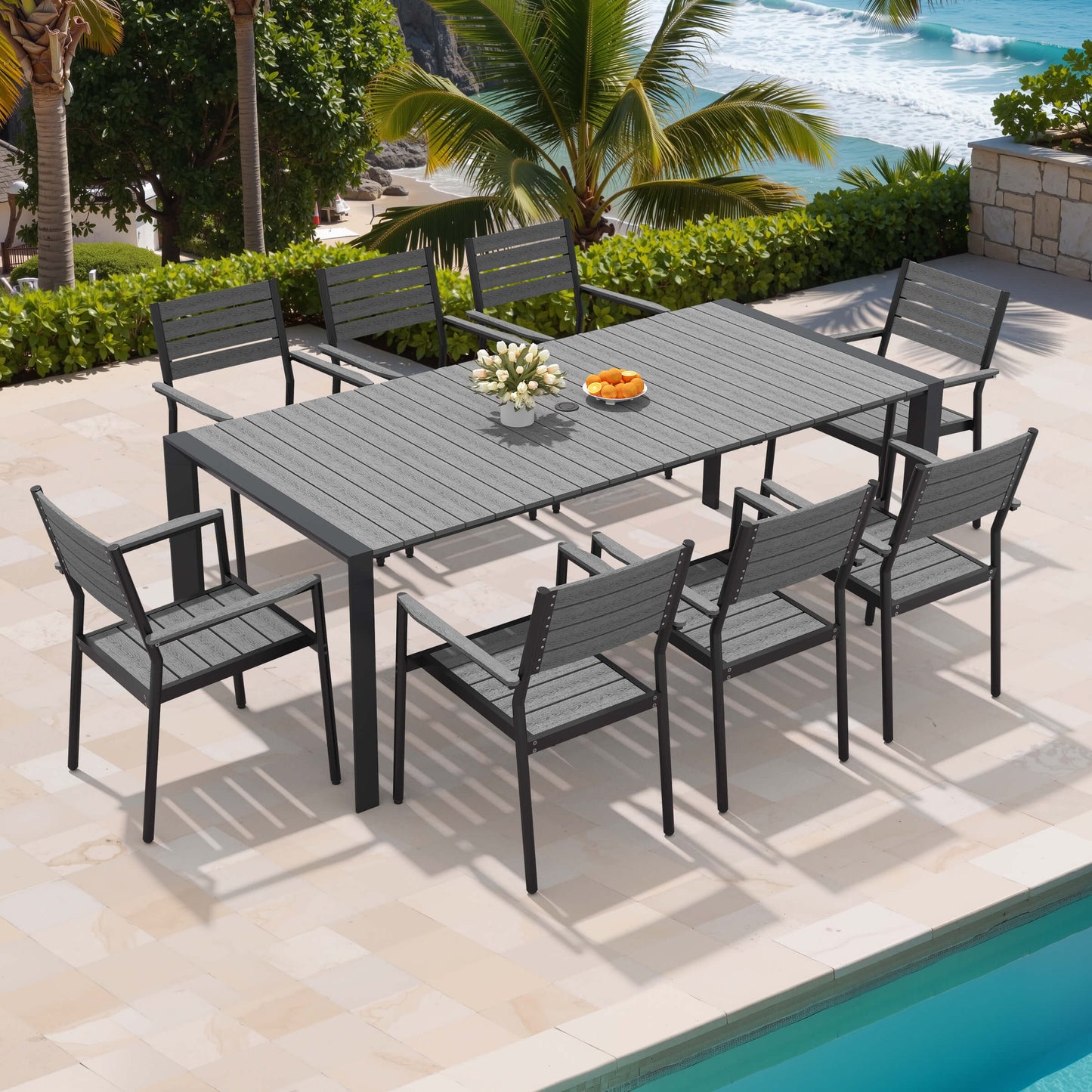 Aluminum Outdoor Dining Set with Umbrella Hole & Stackable Chairs