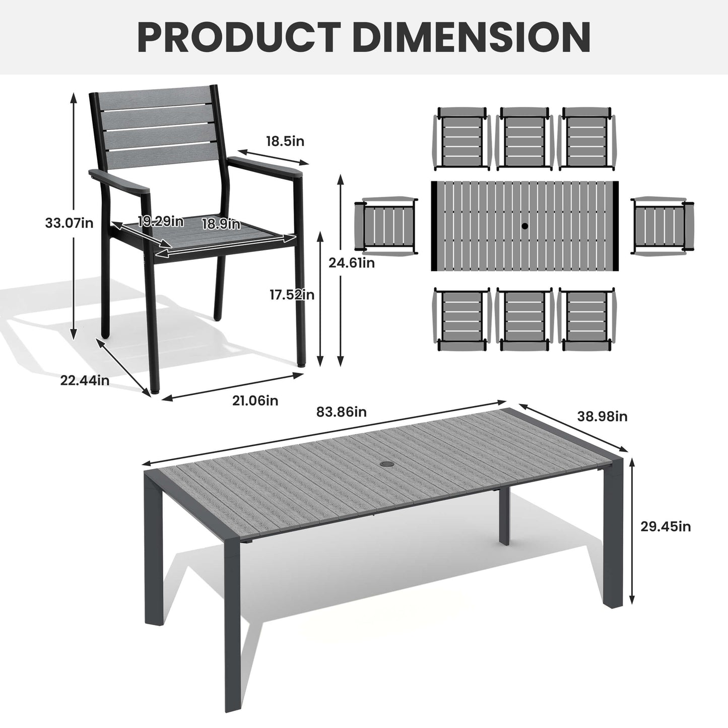 Aluminum Outdoor Dining Set with Umbrella Hole & Stackable Chairs