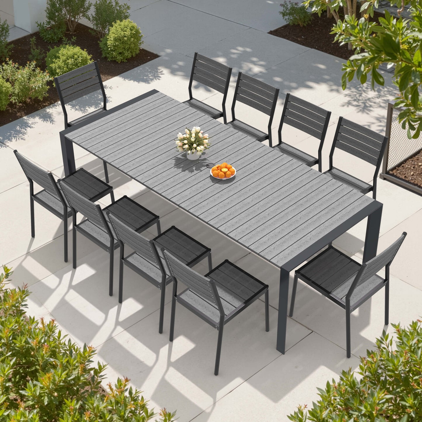 Aluminum Outdoor Dining Set with Umbrella Hole & Stackable Chairs