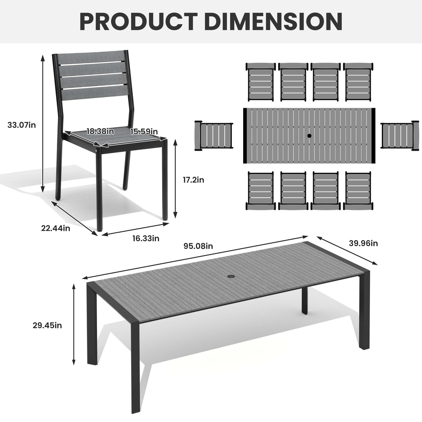 Aluminum Outdoor Dining Set with Umbrella Hole & Stackable Chairs