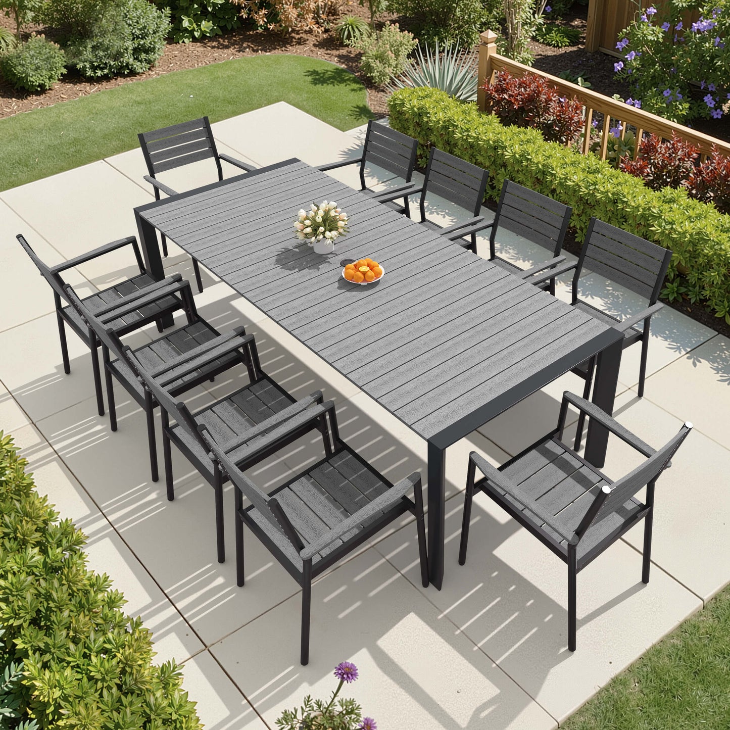 Aluminum Outdoor Dining Set with Umbrella Hole & Stackable Chairs