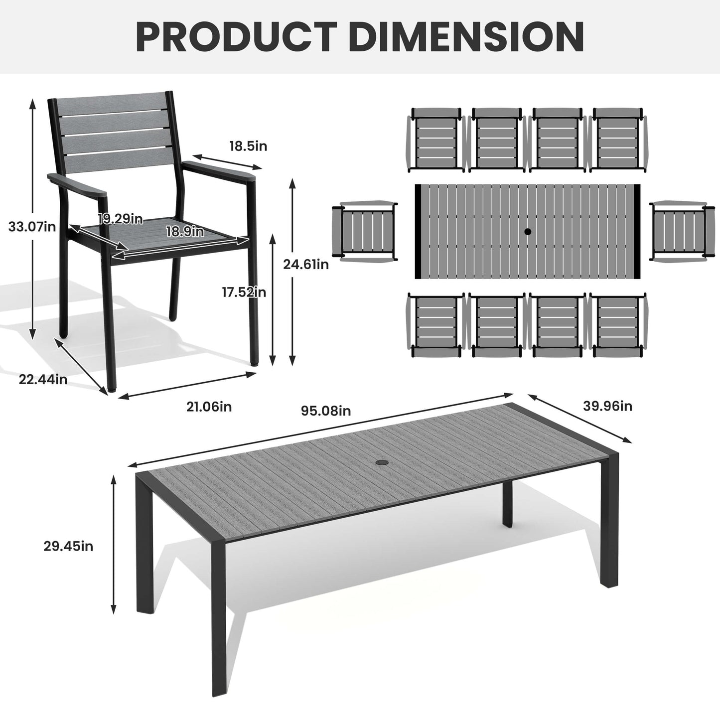 Aluminum Outdoor Dining Set with Umbrella Hole & Stackable Chairs