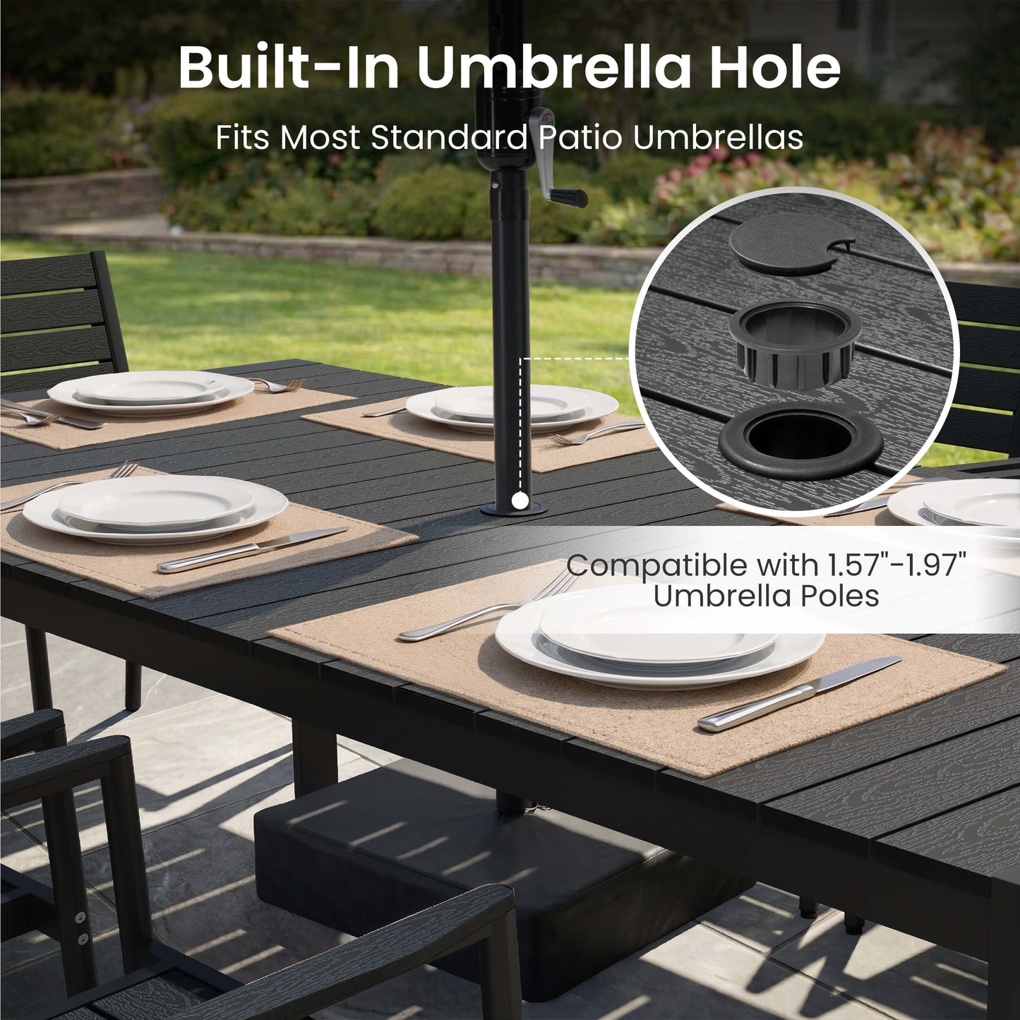 Aluminum Outdoor Dining Set with Umbrella Hole & Stackable Chairs