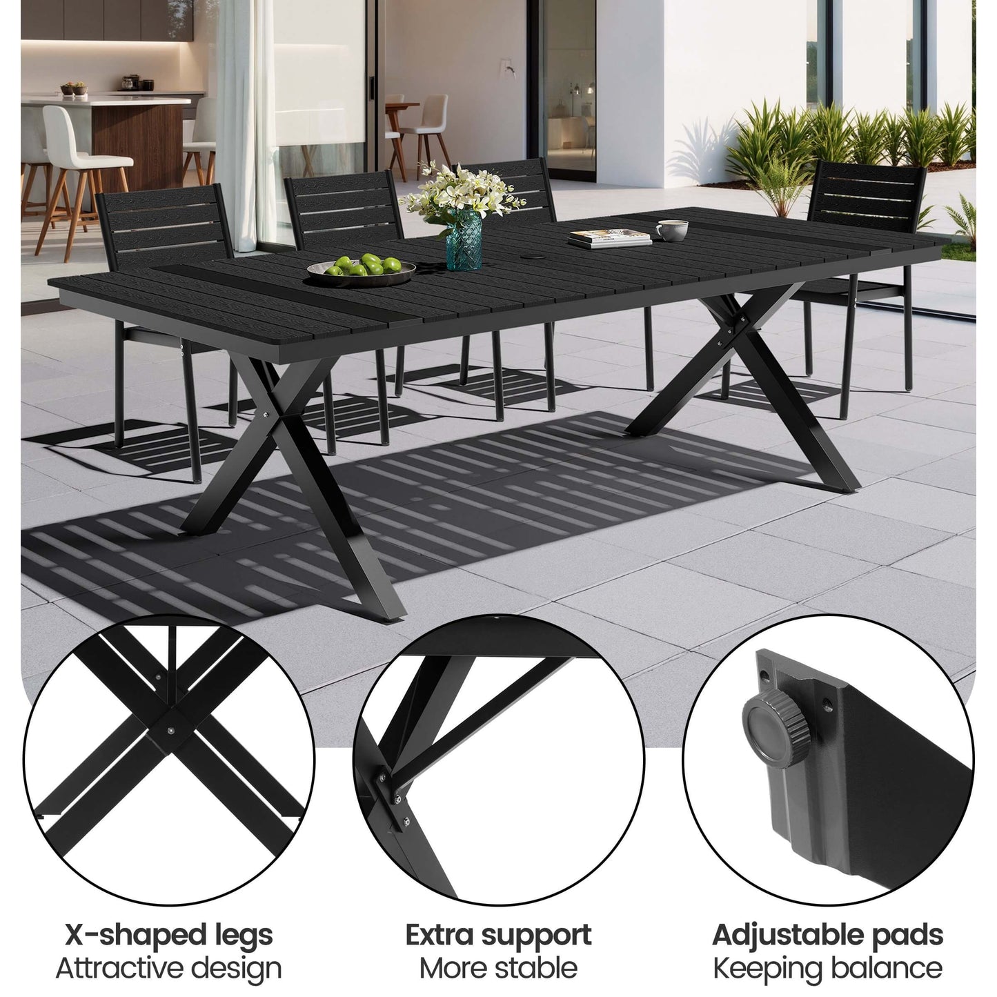 Aluminum Dining Set with Umbrella Hole & Stackable Chairs