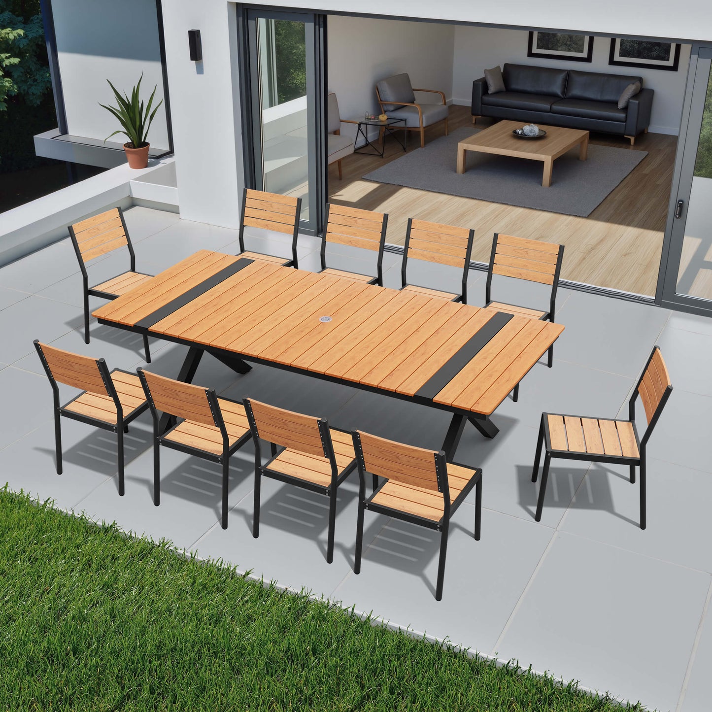 Aluminum Dining Set with Umbrella Hole & Stackable Chairs