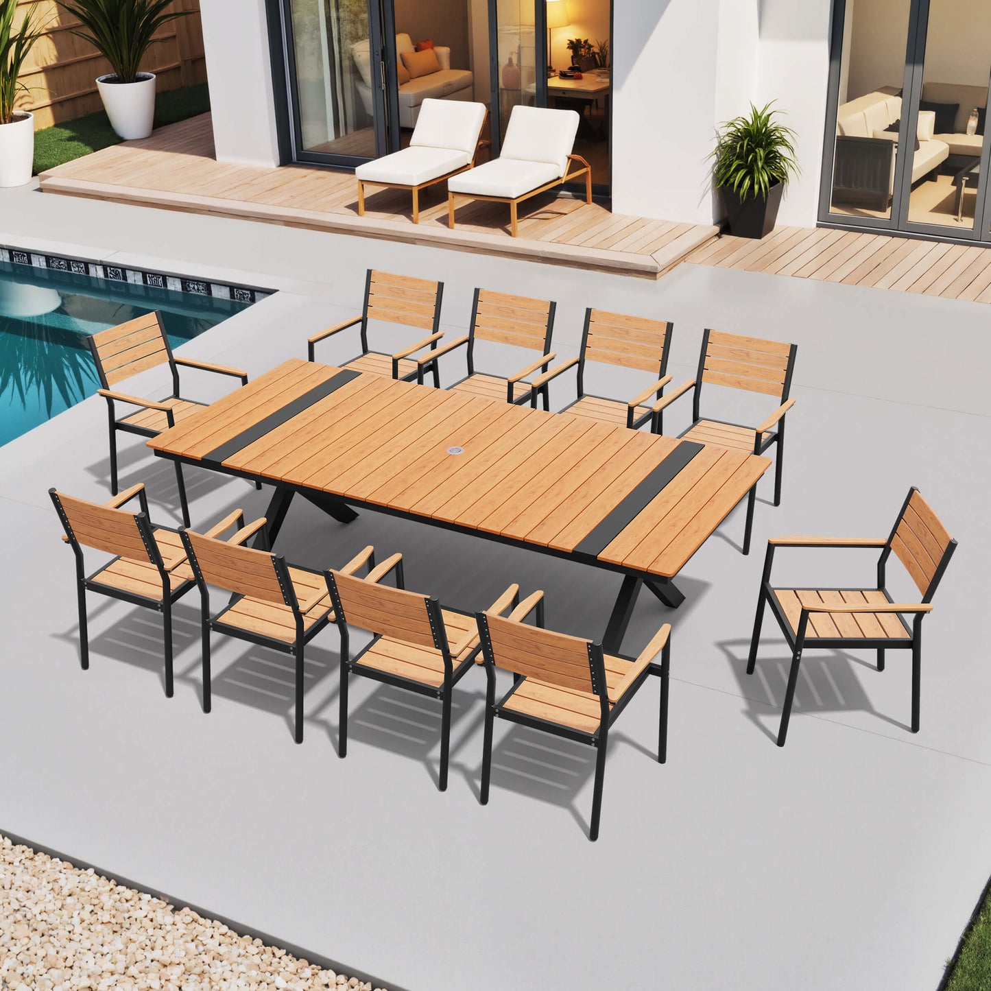 Aluminum Dining Set with Umbrella Hole & Stackable Chairs