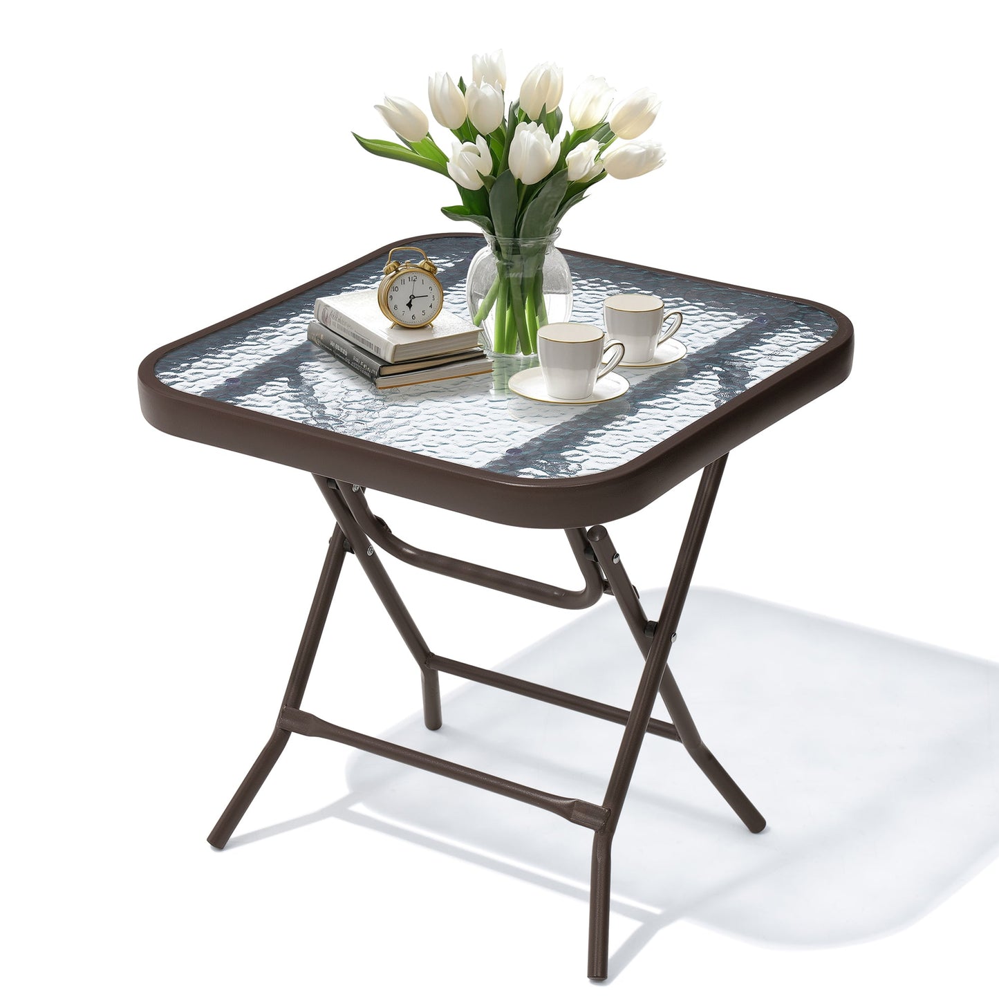 18x18" Foldable Square Glass Top Outdoor Side Table