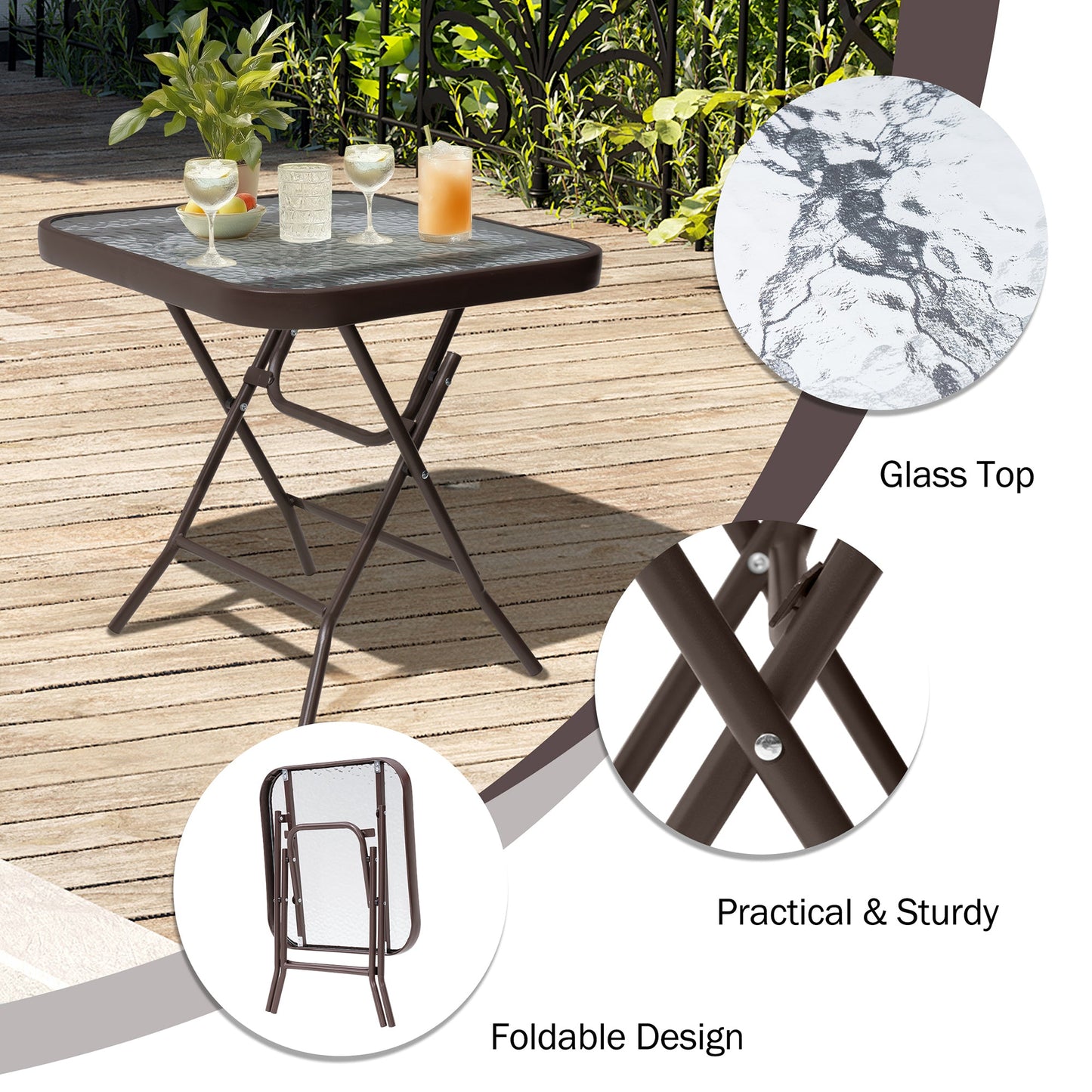 18x18" Foldable Square Glass Top Outdoor Side Table