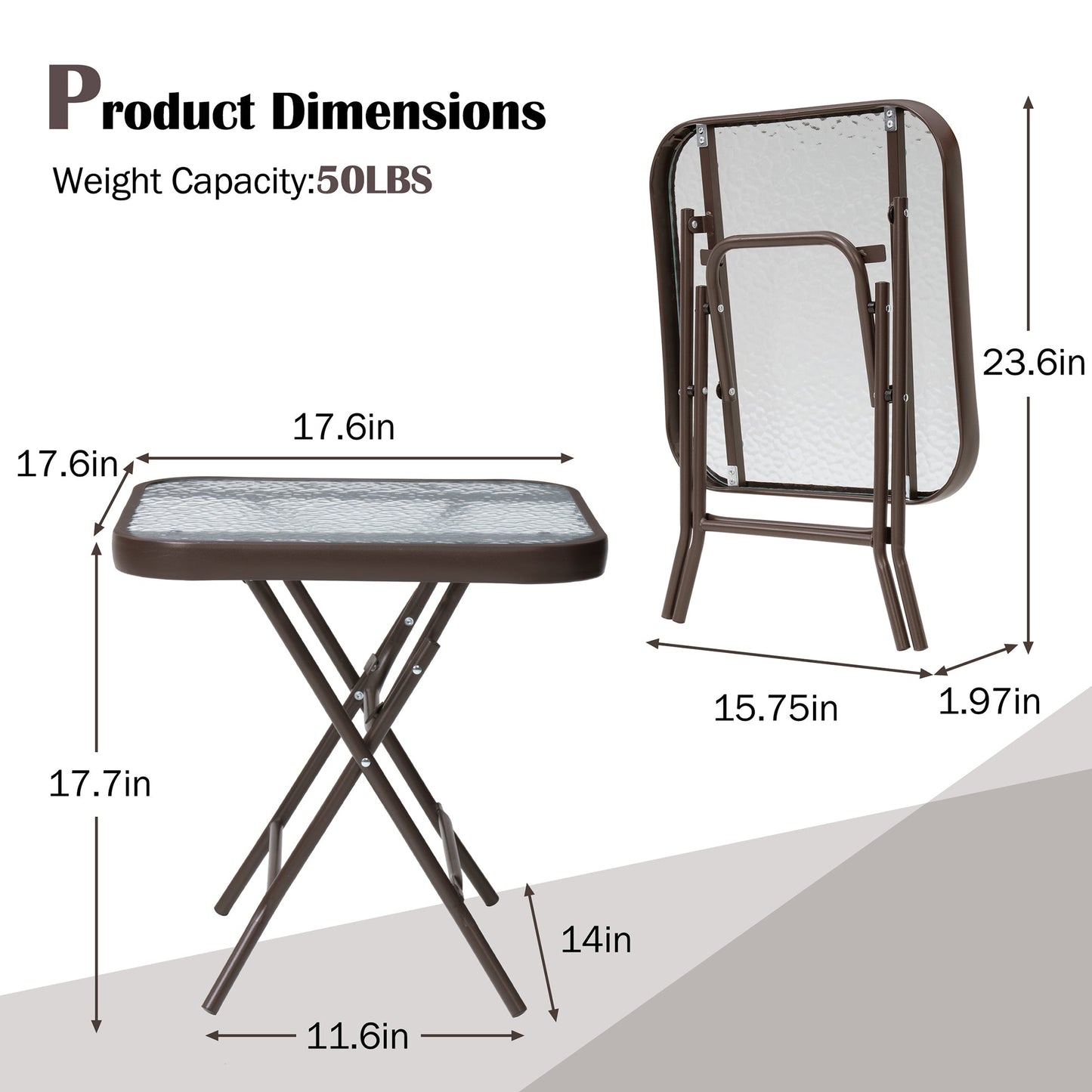 18x18" Foldable Square Glass Top Outdoor Side Table