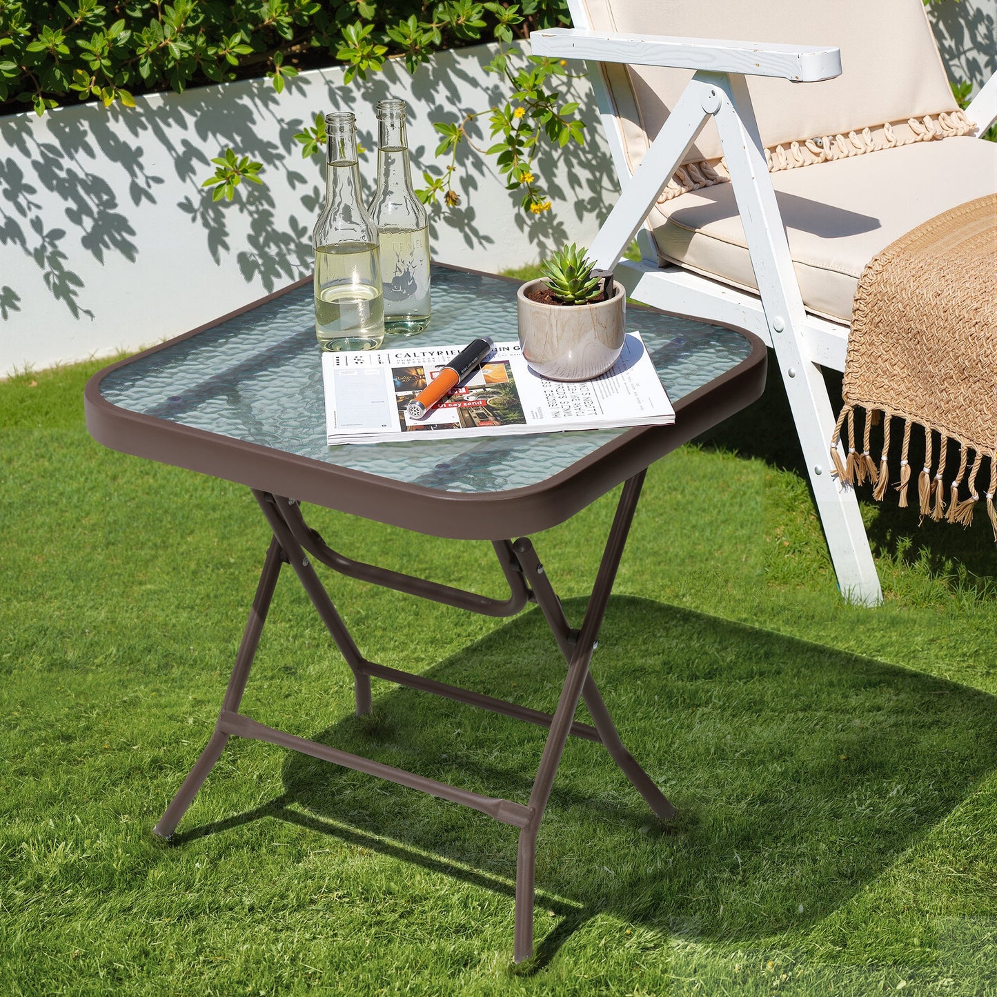 18x18" Foldable Square Glass Top Outdoor Side Table