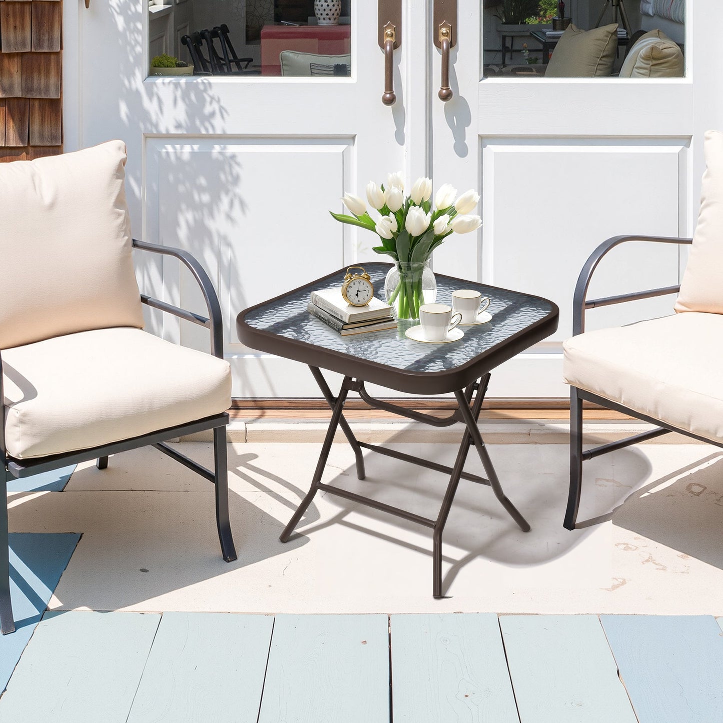 18x18" Foldable Square Glass Top Outdoor Side Table