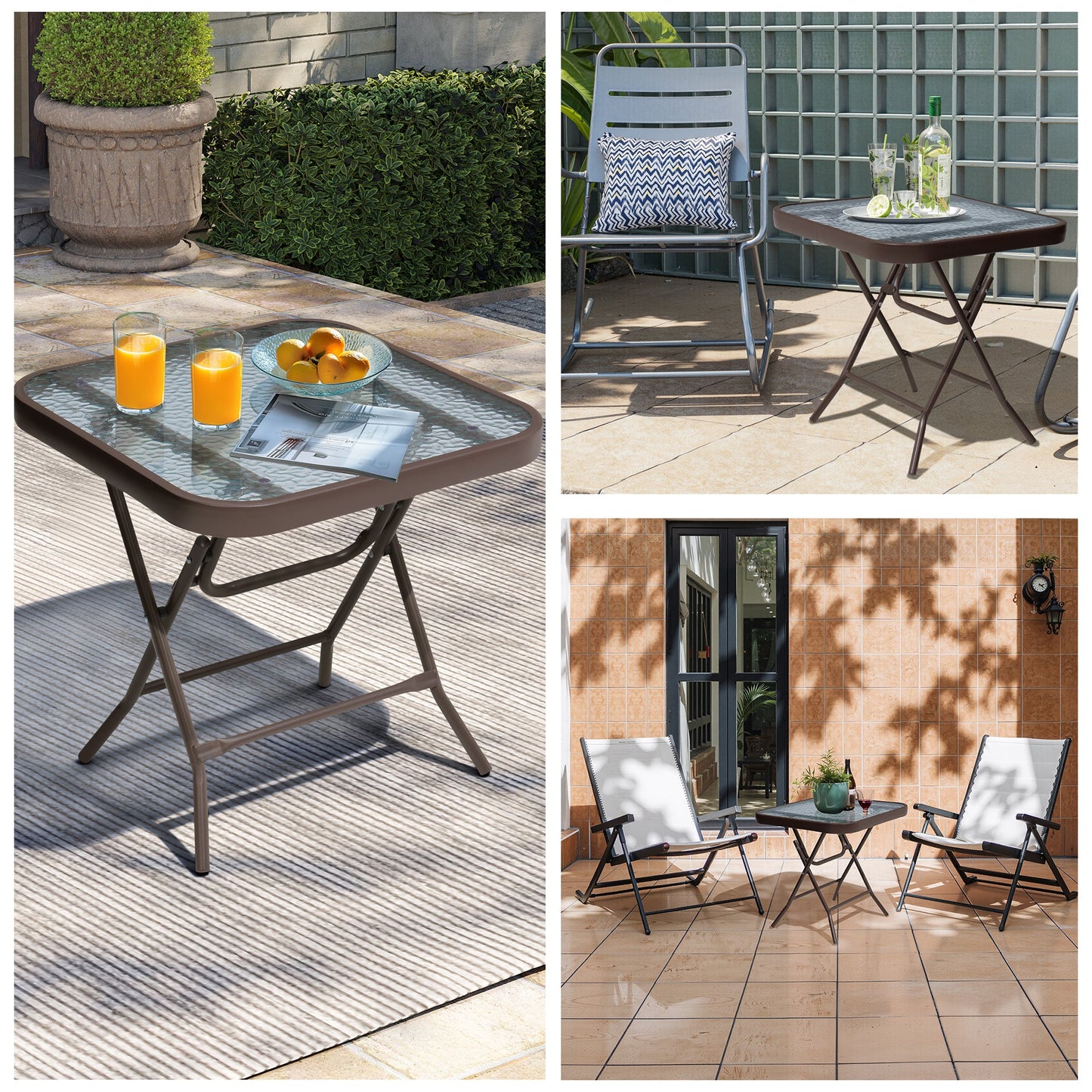 18x18" Foldable Square Glass Top Outdoor Side Table