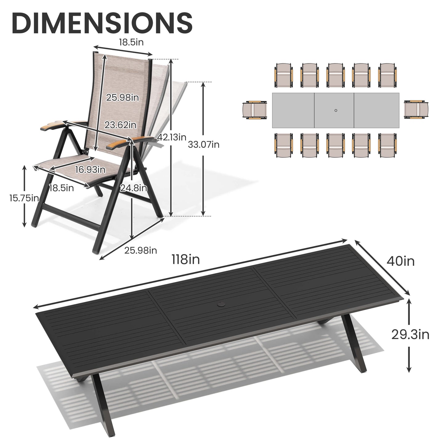 Aluminum 10-12 Person Outdoor Dining Set with Umbrella Hole & Folding Textilene Chairs
