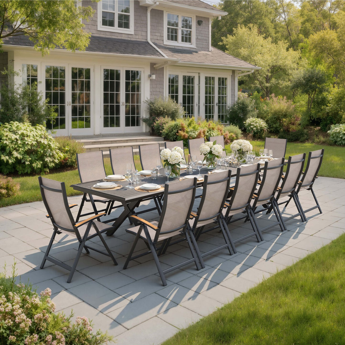Aluminum 10-12 Person Outdoor Dining Set with Umbrella Hole & Folding Textilene Chairs
