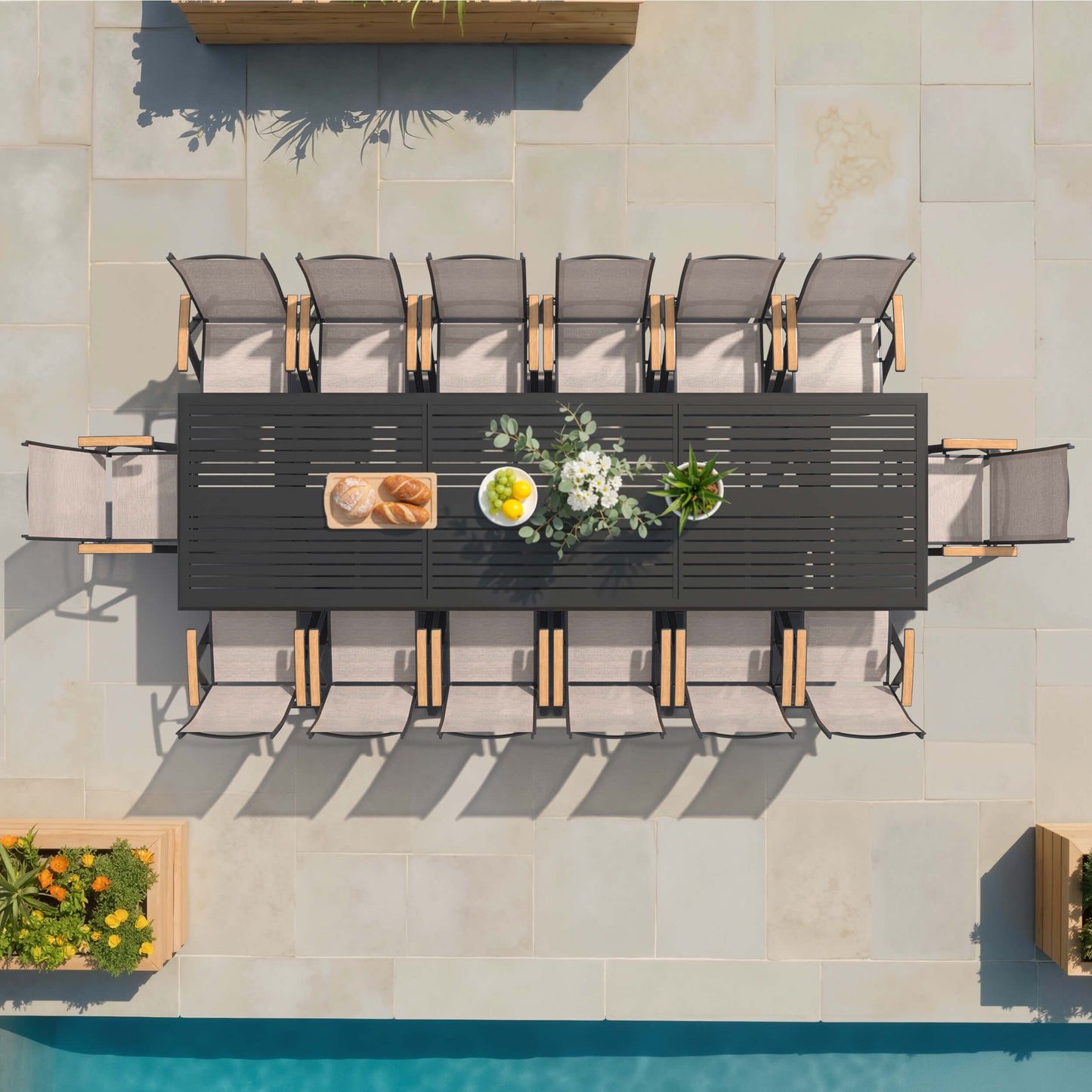Aluminum 10-12 Person Outdoor Dining Set with Umbrella Hole & Folding Textilene Chairs