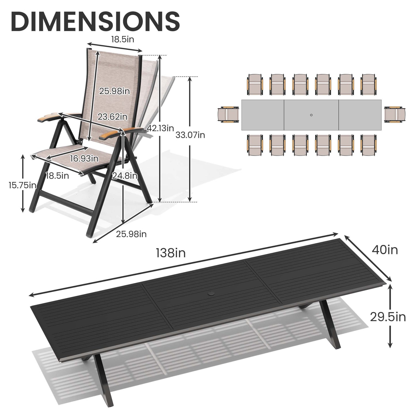 Aluminum 10-12 Person Outdoor Dining Set with Umbrella Hole & Folding Textilene Chairs