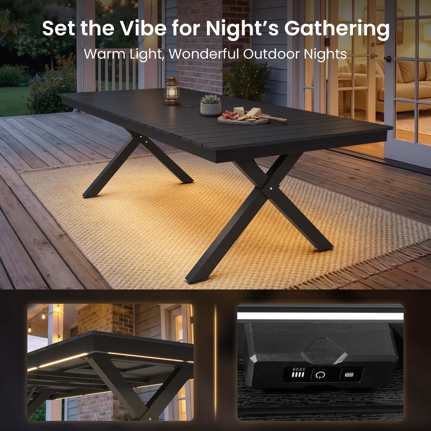 Aluminum Outdoor Dining Table with Light & Umbrella Hole