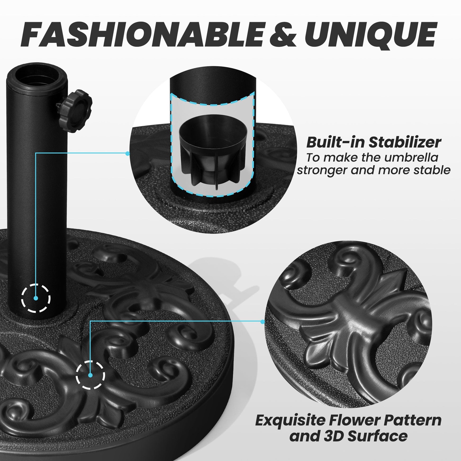 Black round umbrella base features built-in stabilizer and exquisite 3D flower pattern for superior stability.