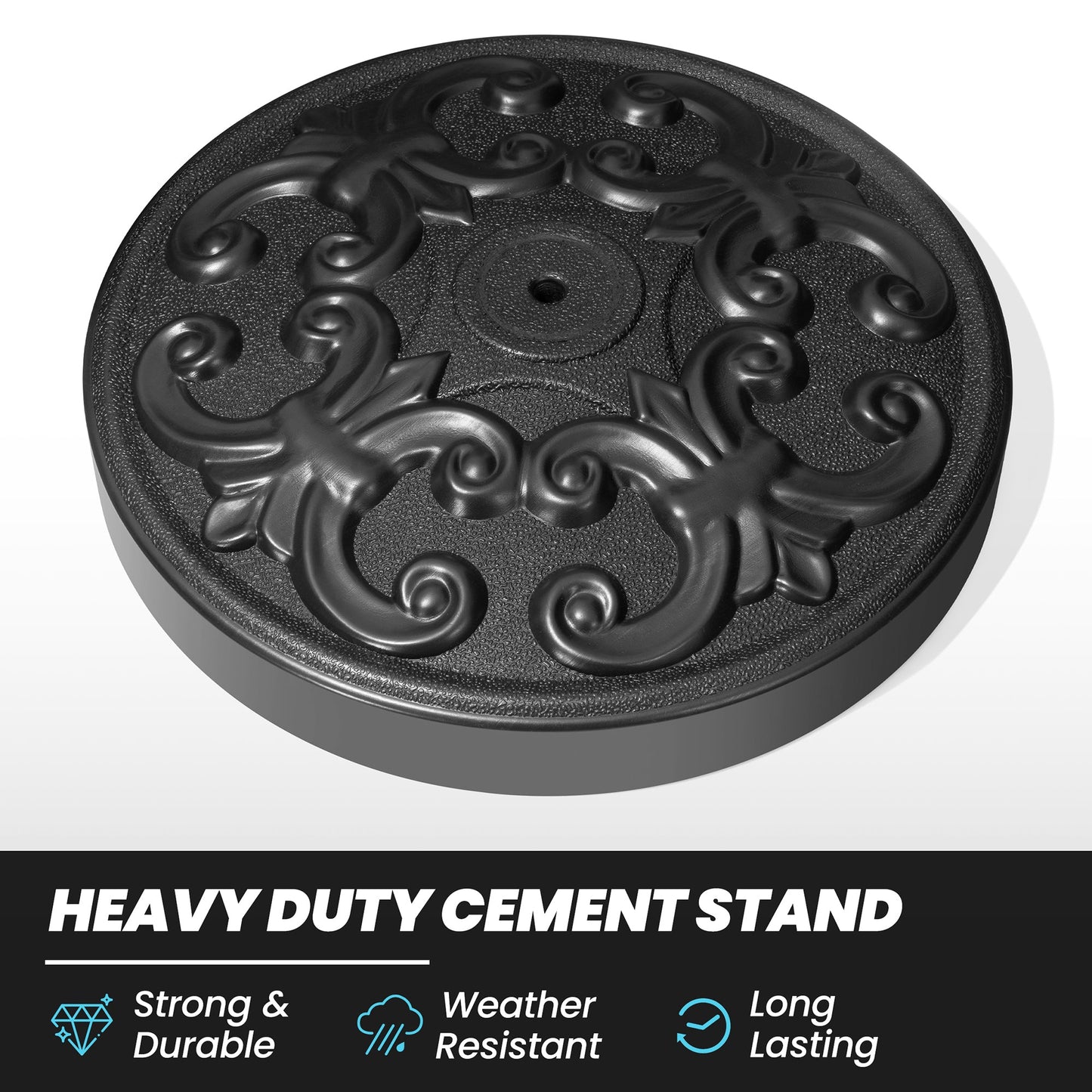 Heavy duty black round cement patio umbrella base stand with weather-resistant floral pattern.