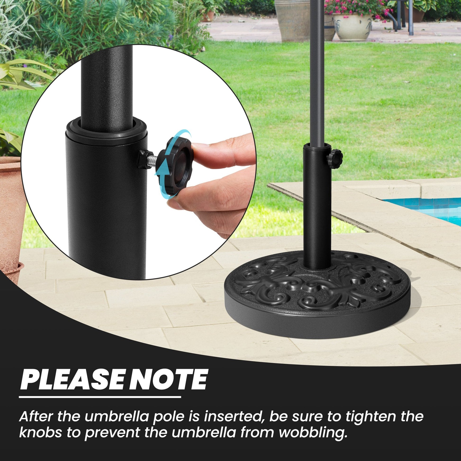 Hand tightening the securing knob on a black 30-46 lbs round floral cement patio umbrella base pole.