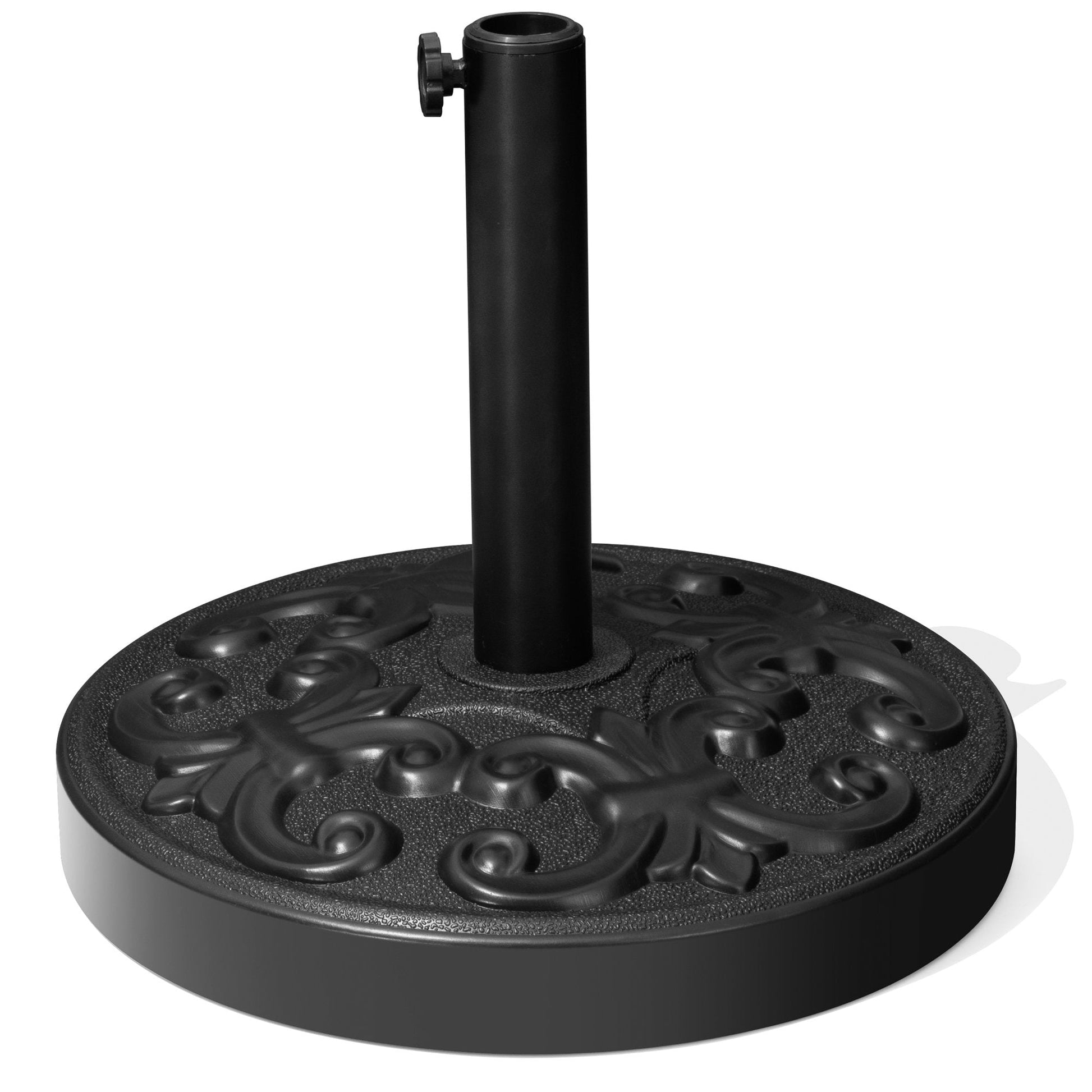 Black 30-46 lbs round cement patio umbrella base with floral pattern.