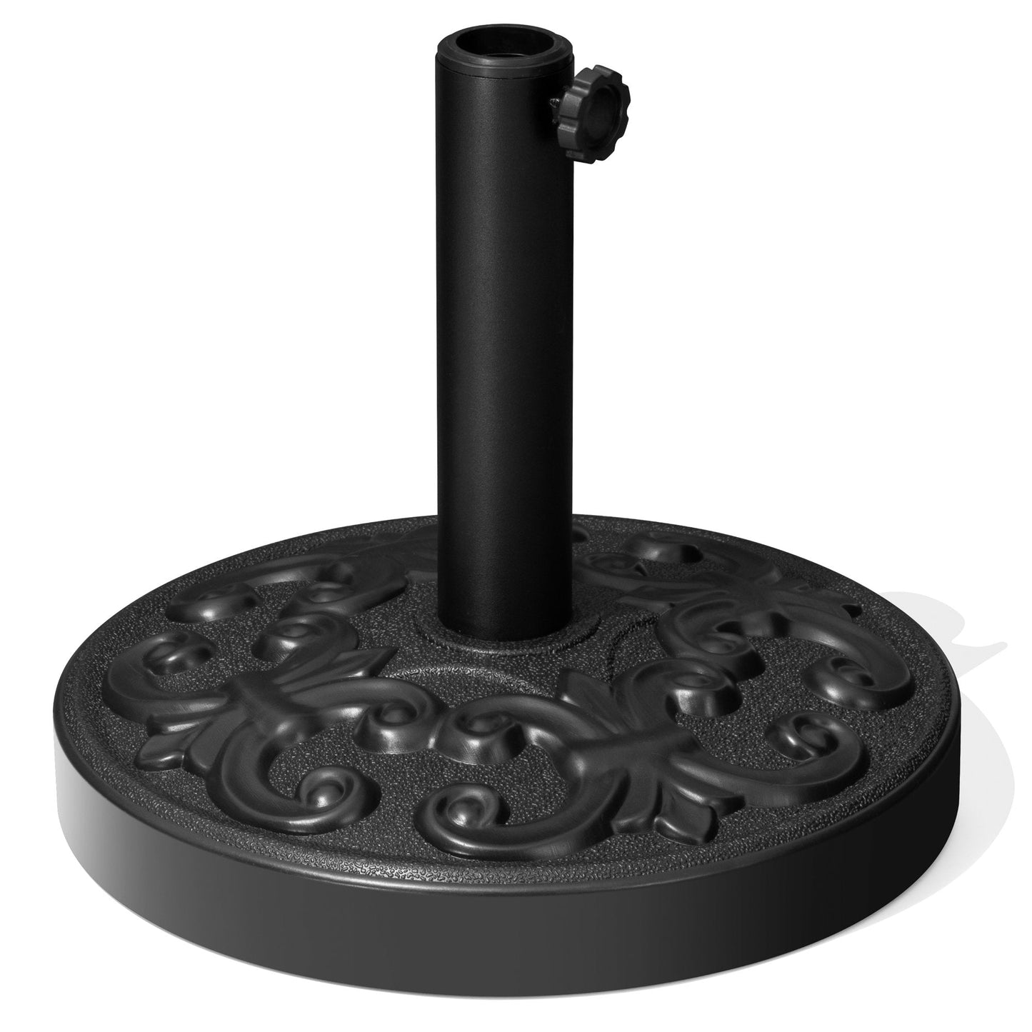Black 30-46 lbs round cement patio umbrella base with floral pattern.