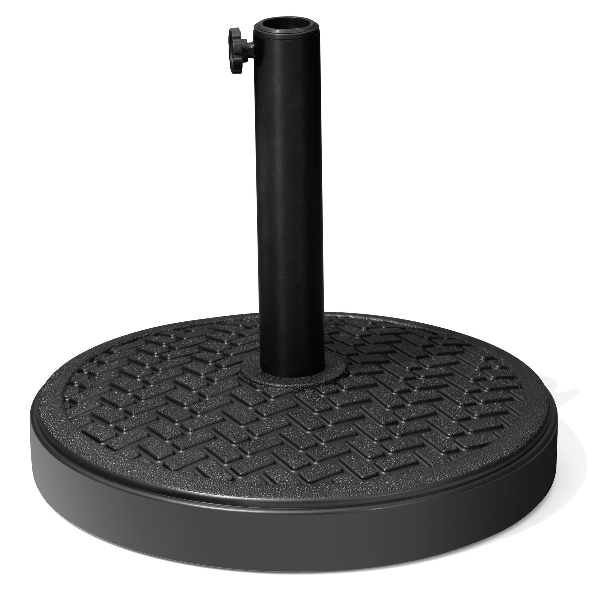 Black 30-45 lbs round concrete-filled market umbrella base with woven pattern.