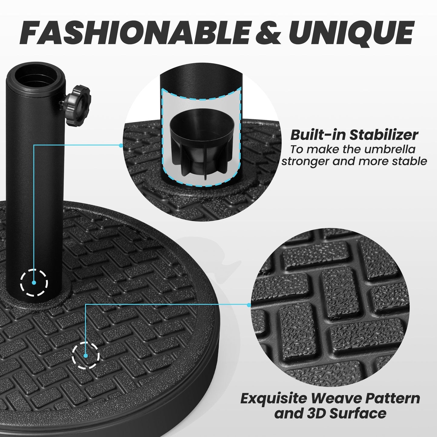 Black round umbrella base features built-in stabilizer and exquisite 3D weave pattern for superior stability.
