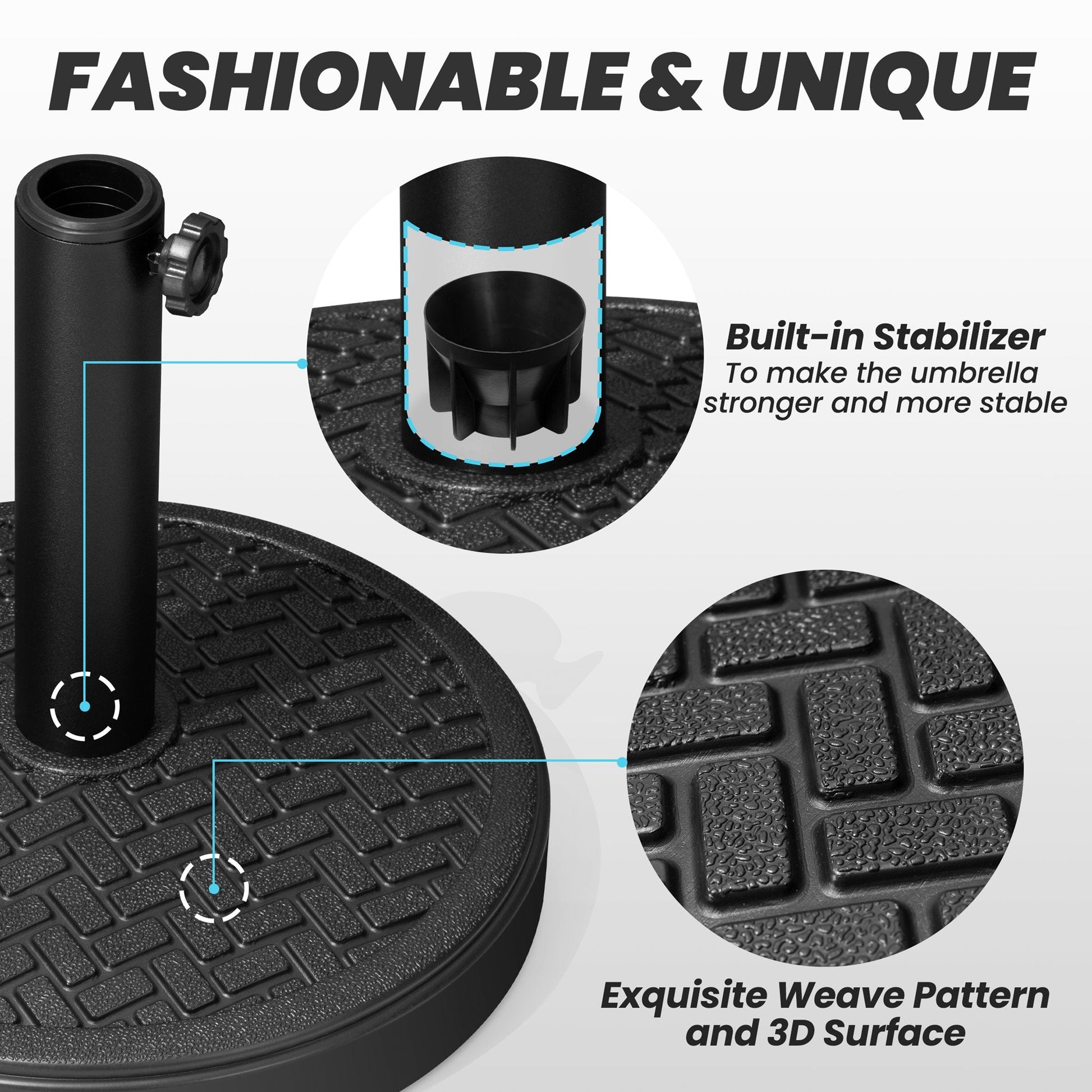 Black round umbrella base features built-in stabilizer and exquisite 3D weave pattern for superior stability.