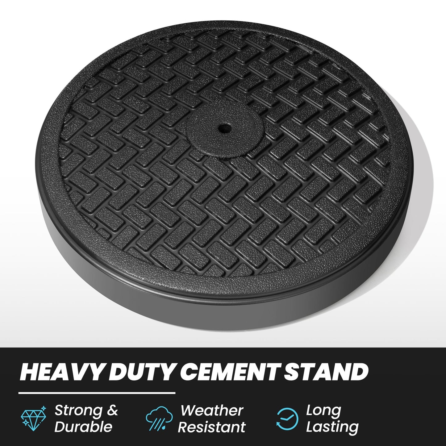 Heavy duty black round concrete market umbrella base stand with weather-resistant woven pattern.