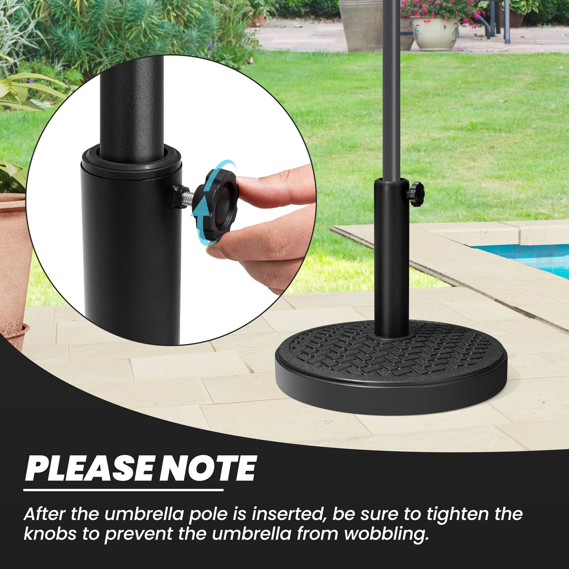 Hand tightening the securing knob on a black 30-45 lbs round concrete market umbrella base pole.