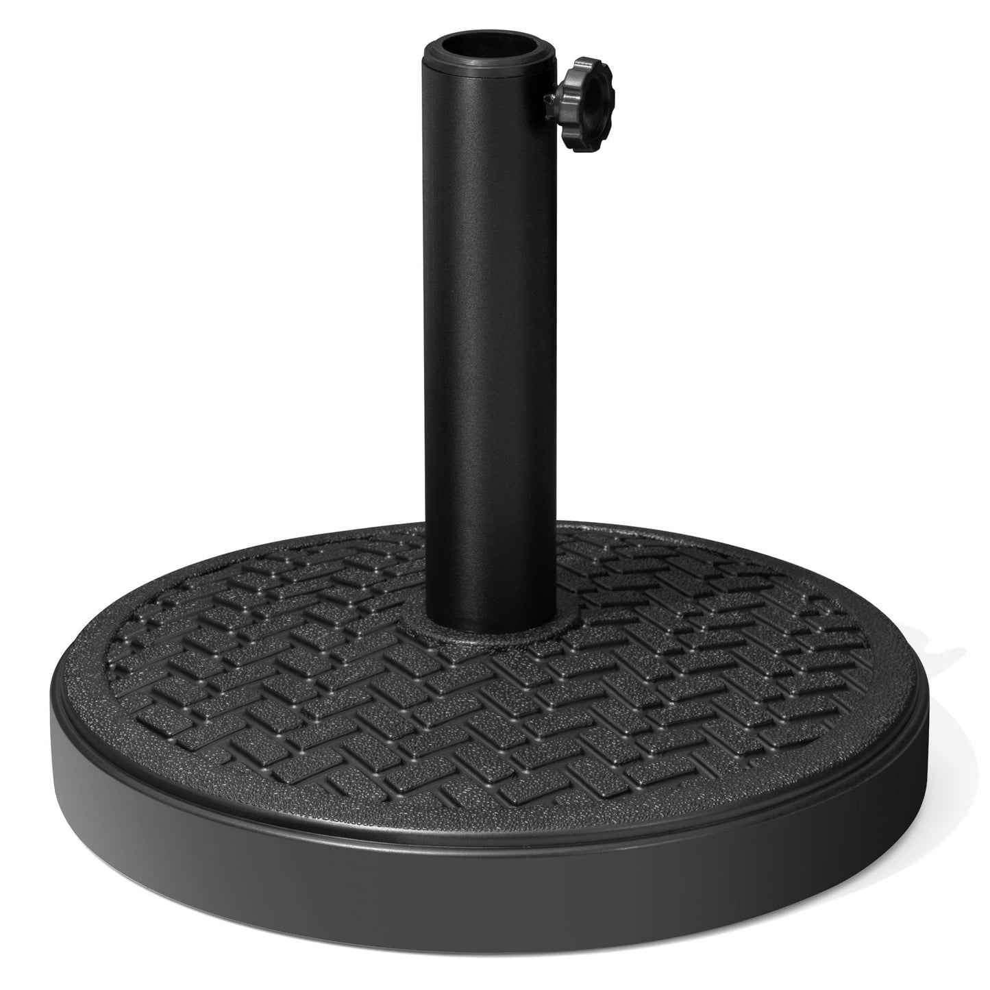 Black 30-45 lbs round concrete-filled market umbrella base with woven pattern.