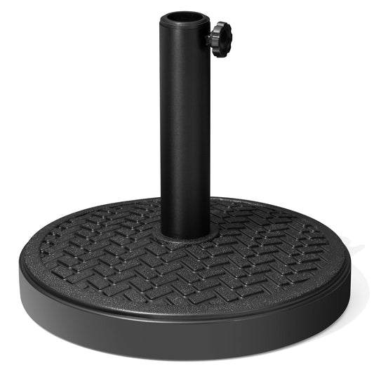 Black 30-45 lbs round concrete-filled market umbrella base with woven pattern.