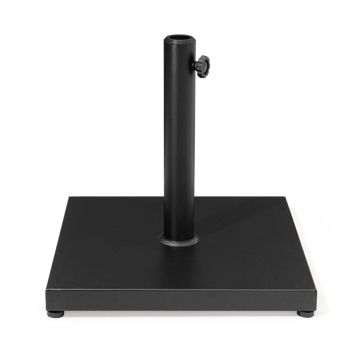 Heavy-duty black square weighted patio market umbrella base.