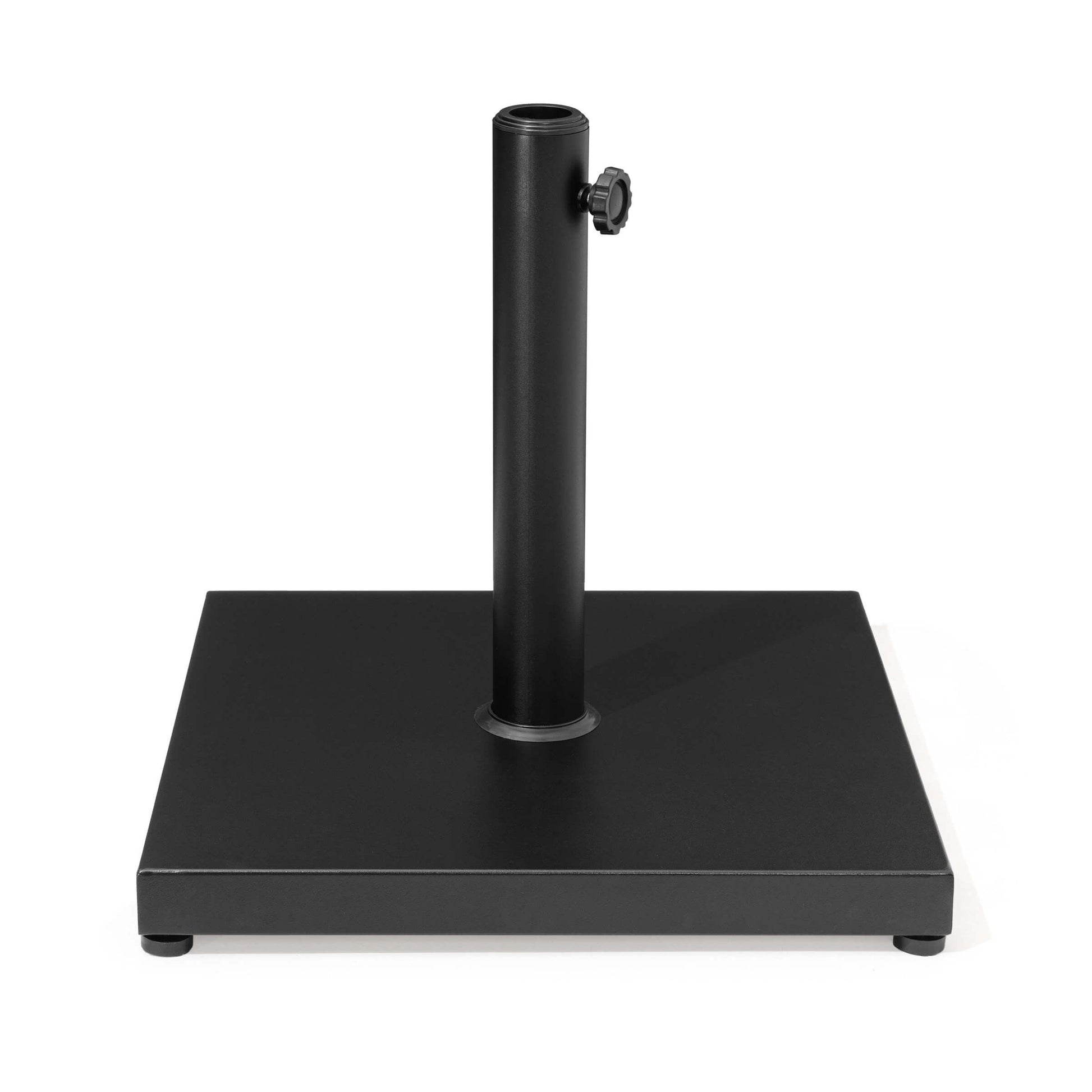 Heavy-duty black square weighted patio market umbrella base.