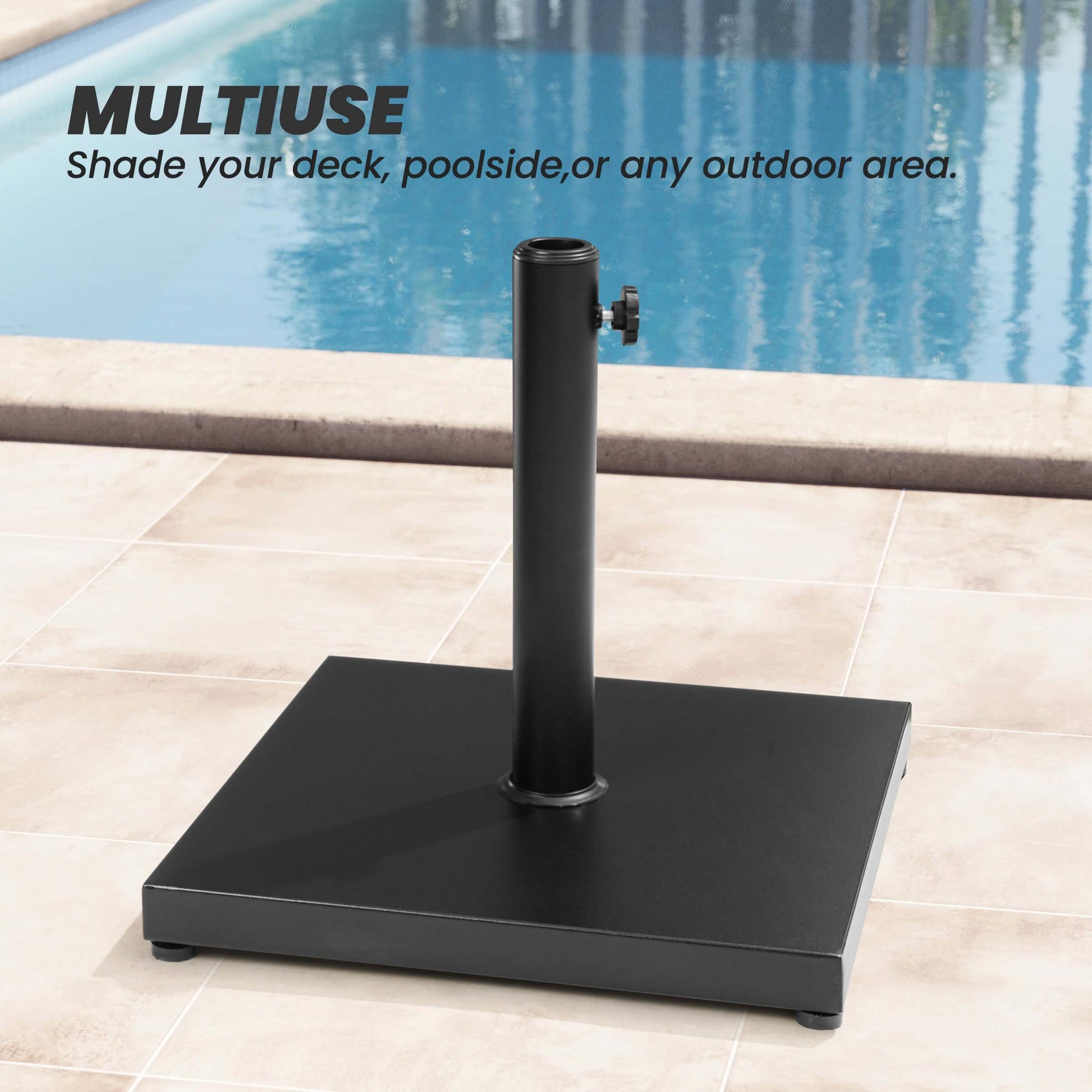 Multiuse black square weighted outdoor umbrella base on poolside patio.