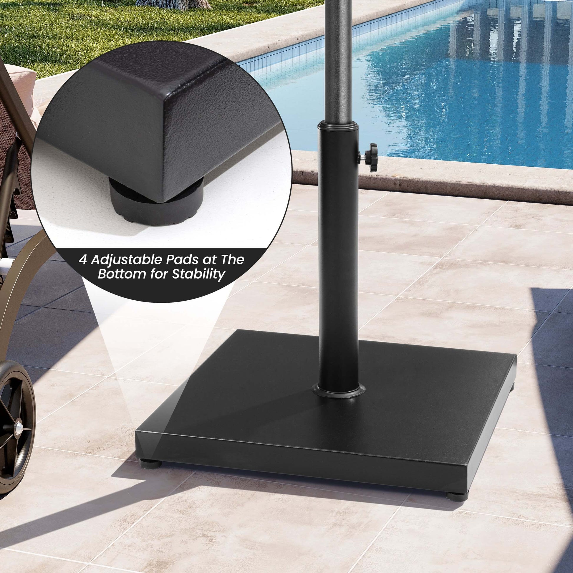 Black square weighted umbrella base with 4 adjustable pads for stability on outdoor poolside patio.