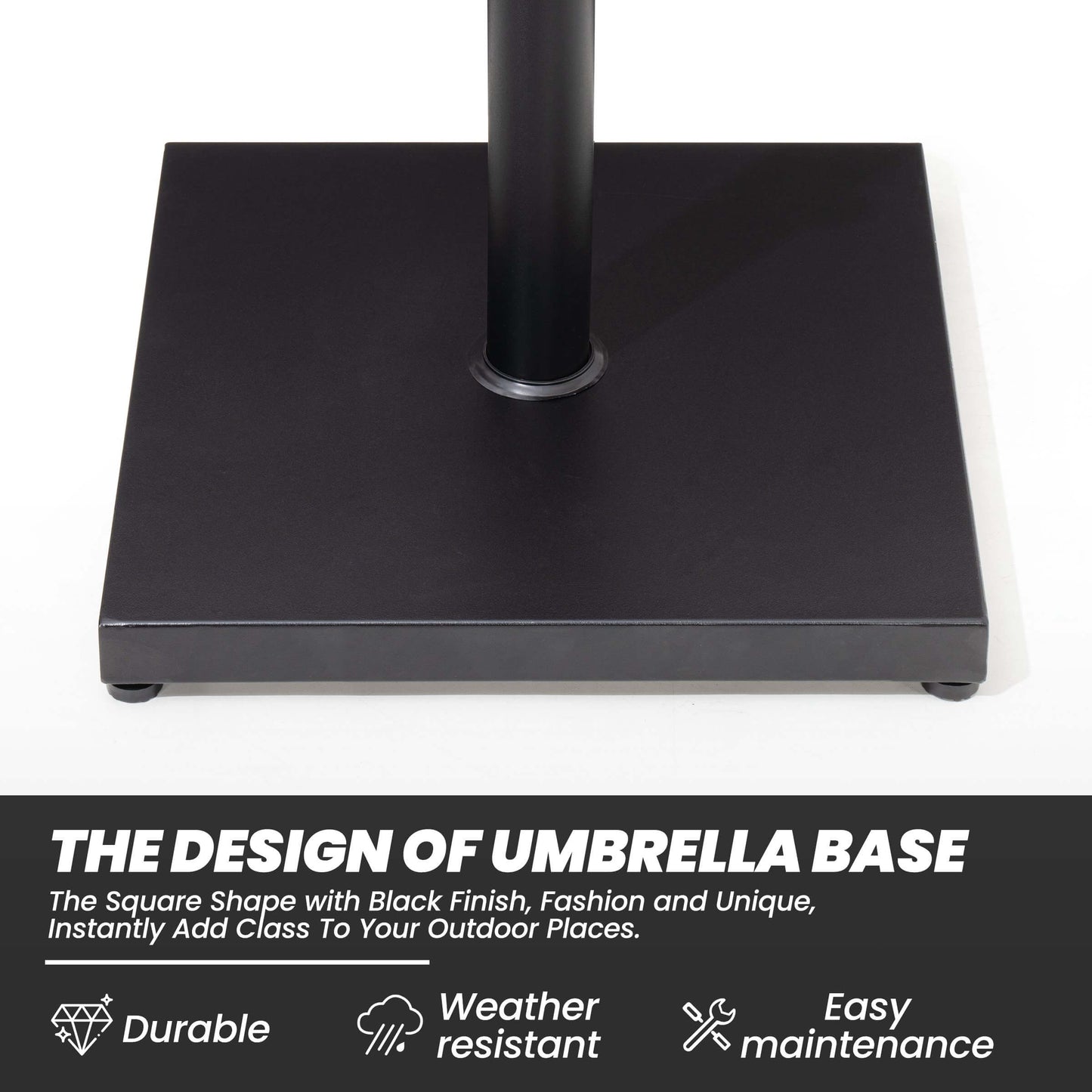Durable weather-resistant black square outdoor umbrella base design.