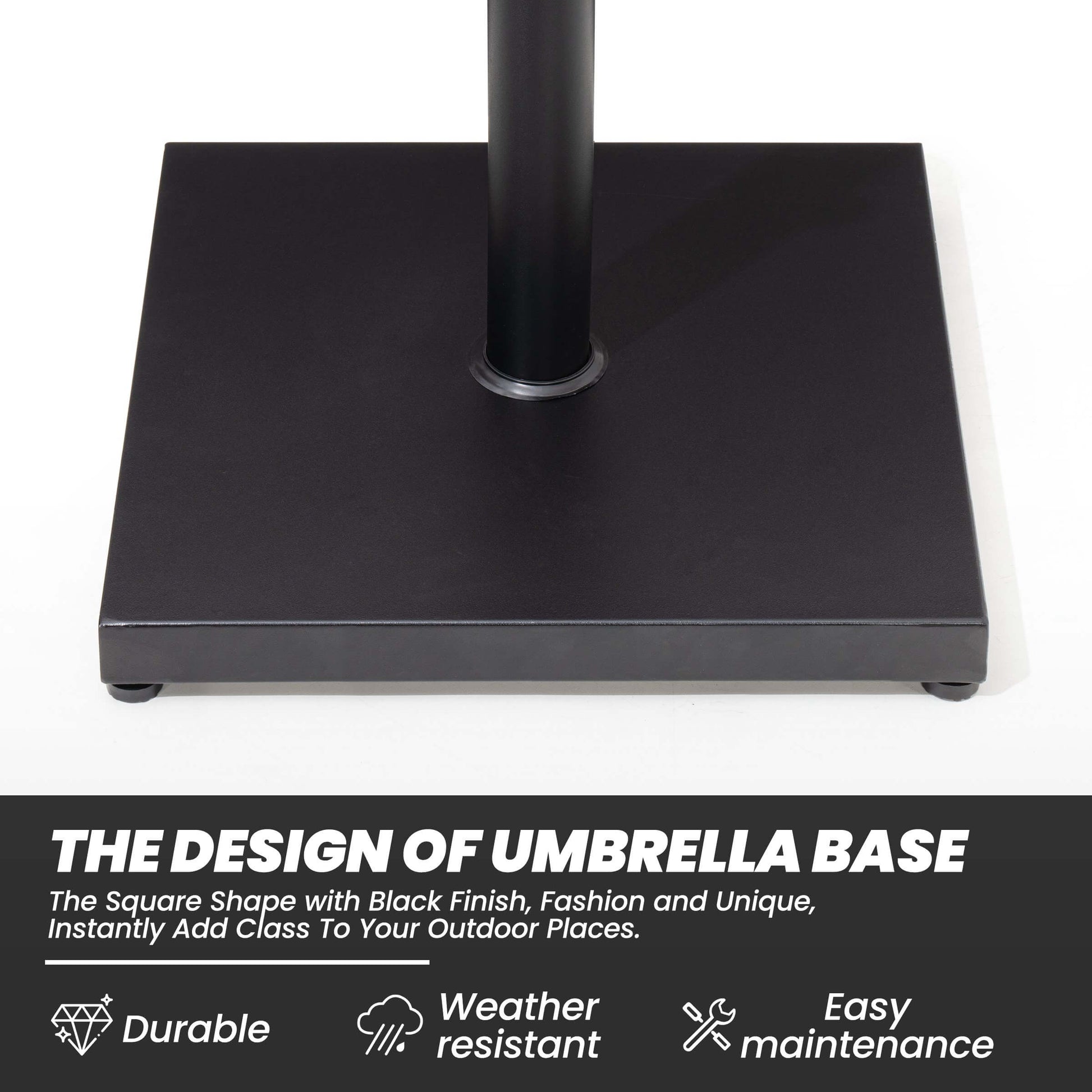Durable weather-resistant black square outdoor umbrella base design.