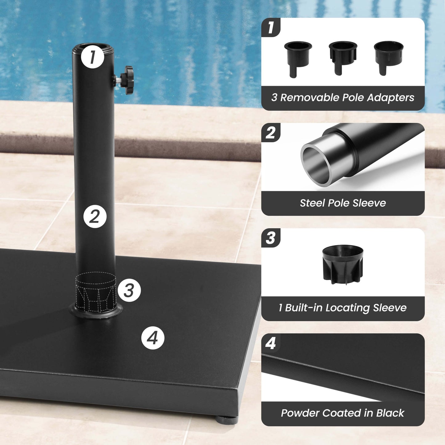 Black powder-coated square umbrella base features: 3 removable adapters, steel pole sleeve, and locating sleeve.