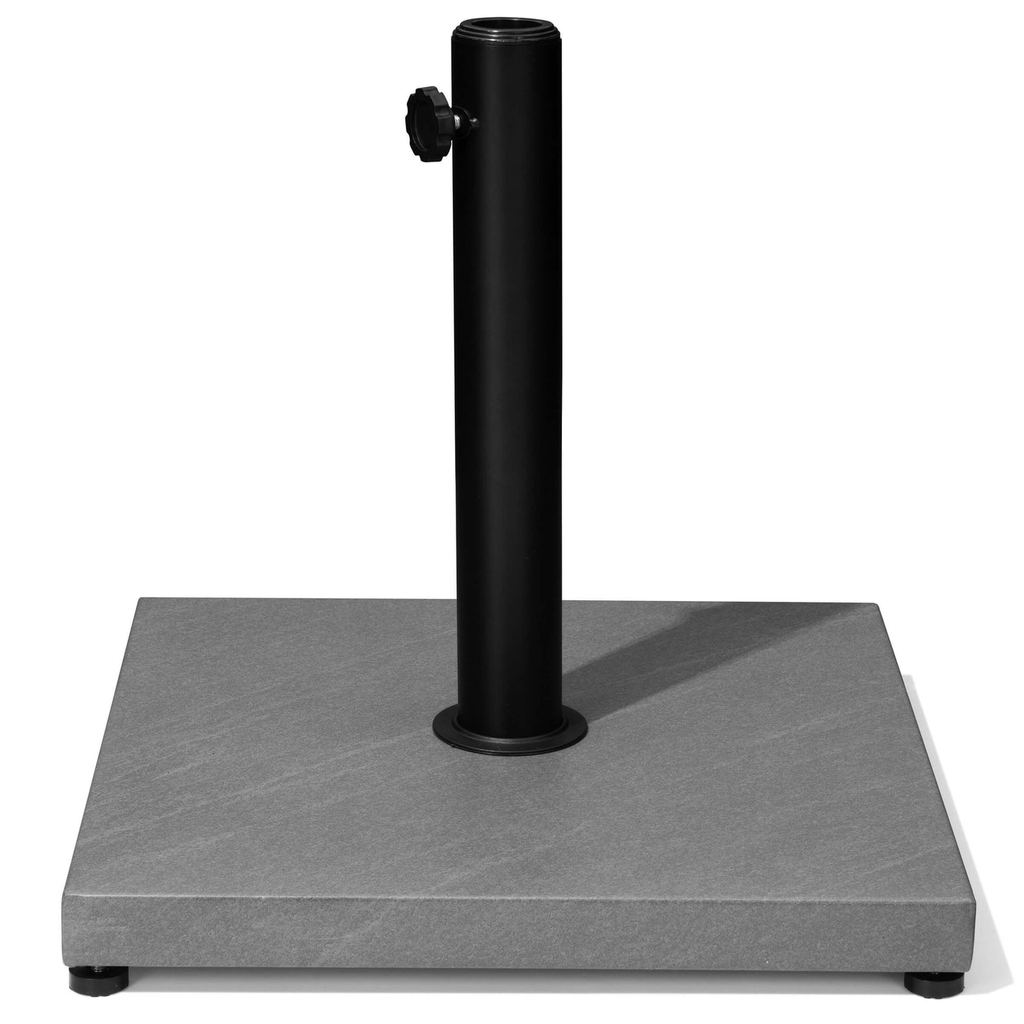 Gray square heavy concrete parasol base with black pole holder and knob.