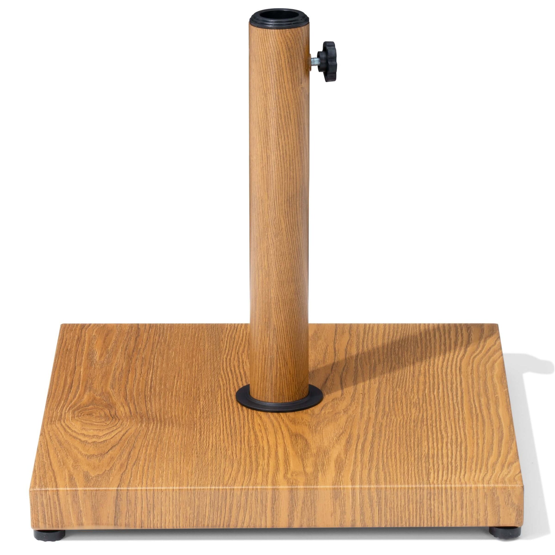 Square wood grain weighted patio umbrella base with locking knob.