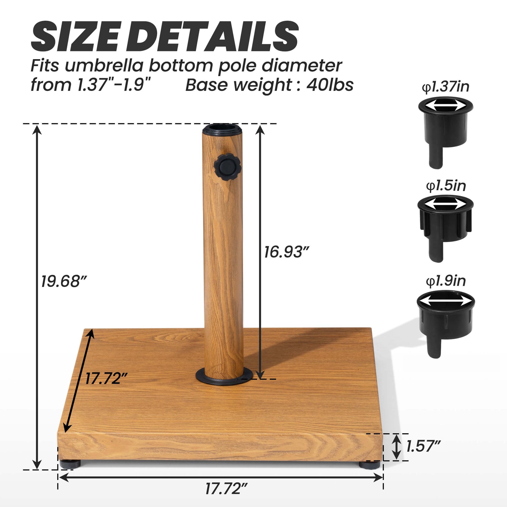 Dimensions of 40lbs square wood grain weighted umbrella base stand with 3 pole adapters.