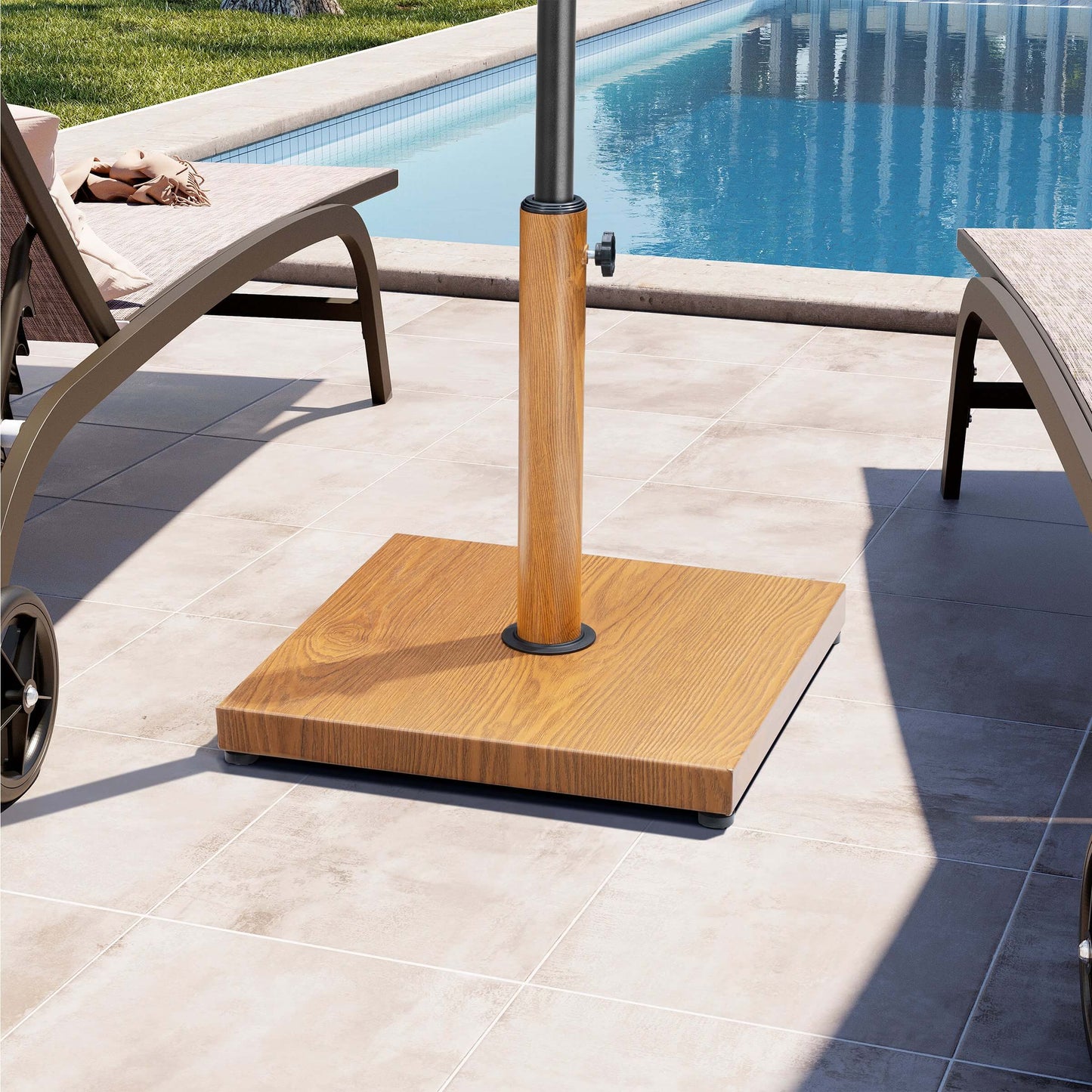 Square wood grain weighted umbrella base on sunny poolside patio.